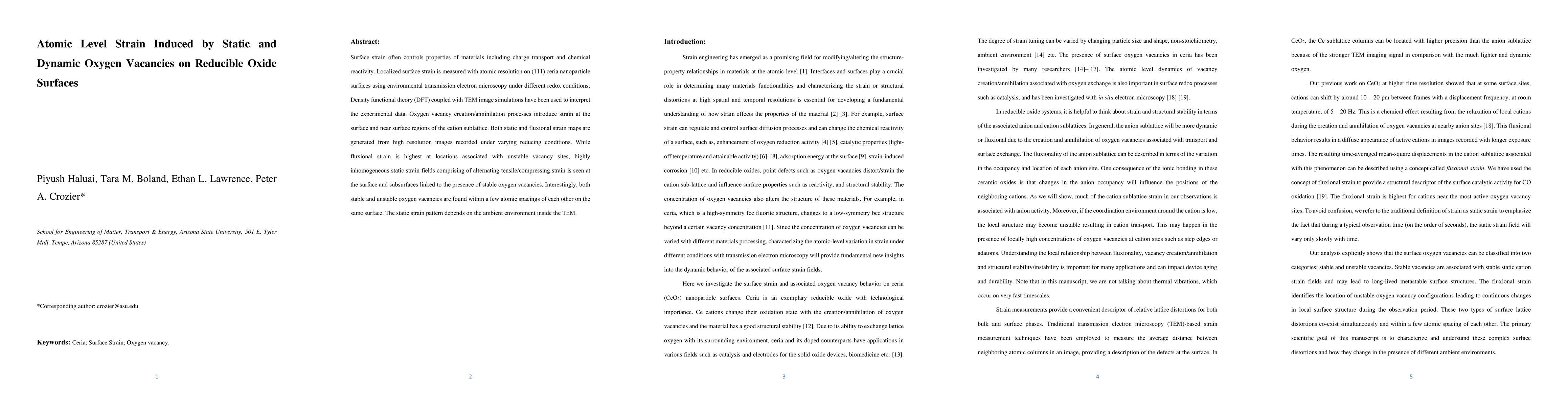 Thumbnail for Atomic Level Strain Induced by Static and Dynamic Oxygen Vacancies on
  Reducible Oxide Surfaces