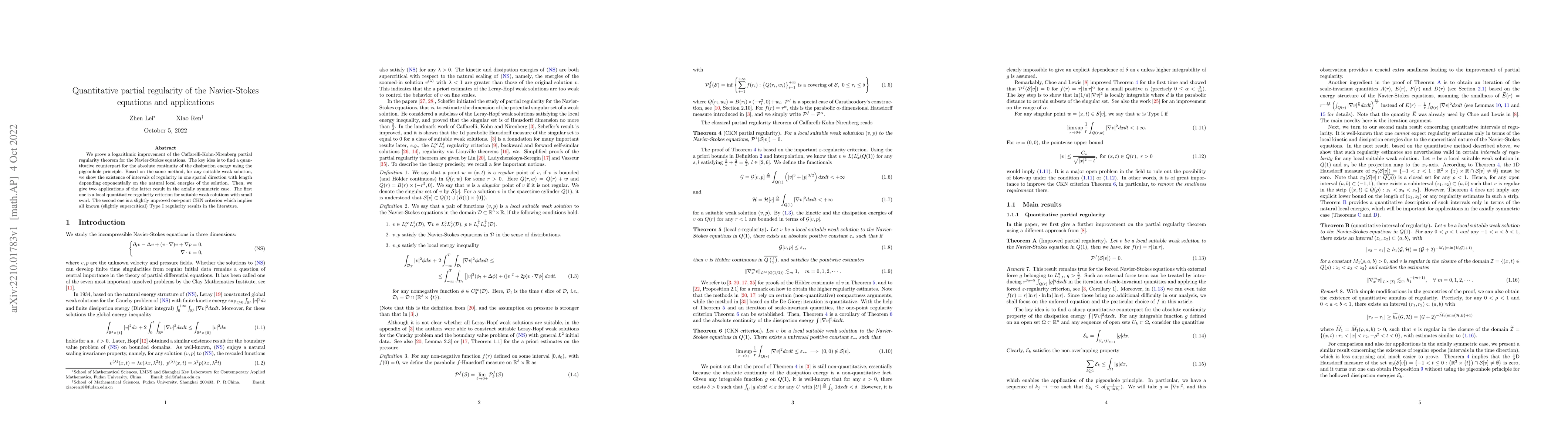 Thumbnail for Quantitative partial regularity of the Navier-Stokes equations and
  applications