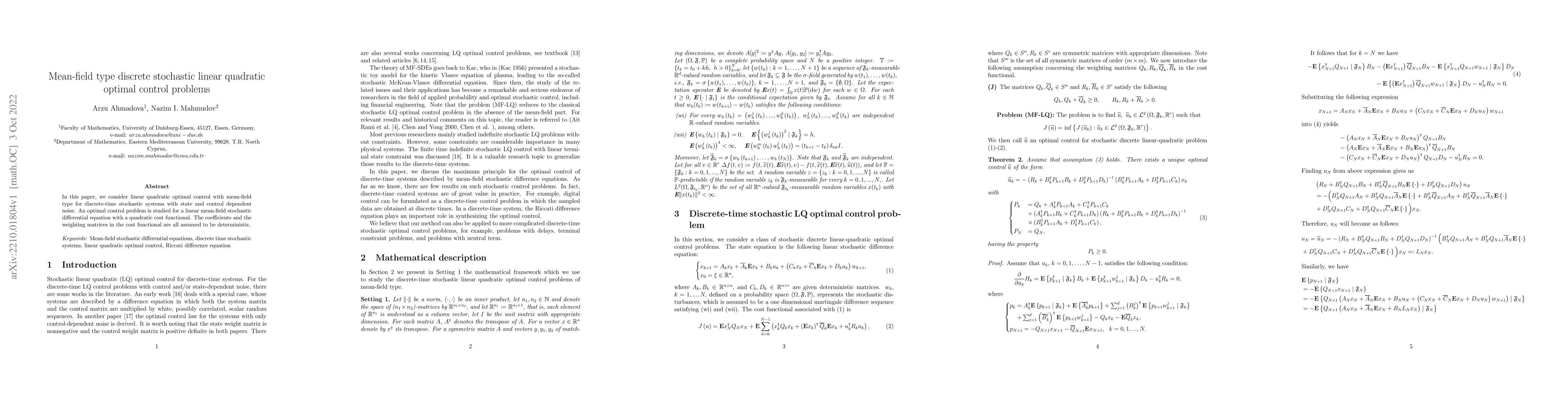 Thumbnail for Mean-field type discrete stochastic linear quadratic optimal control
  problems