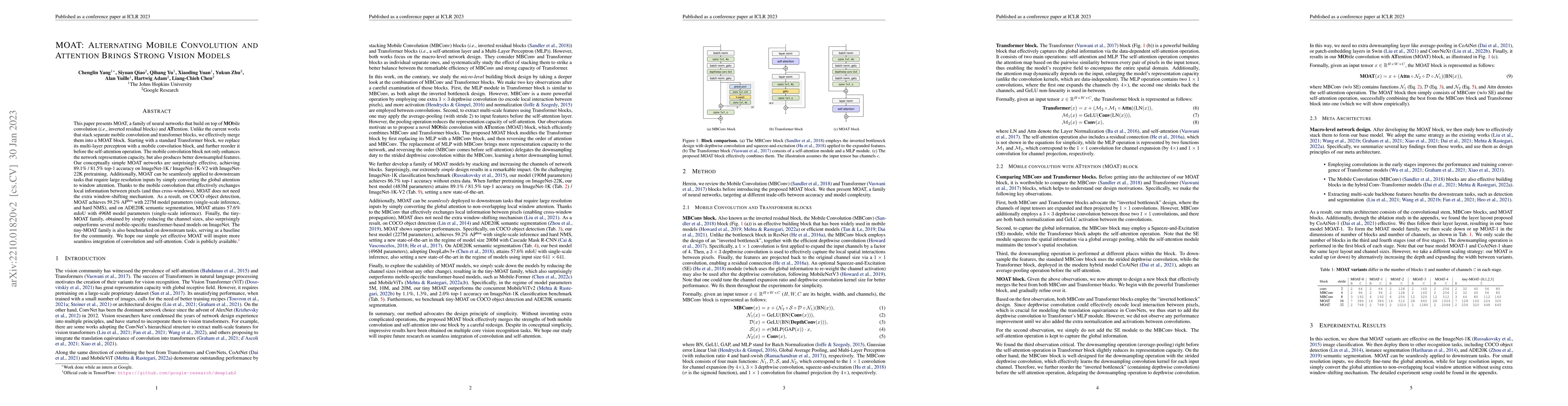 Thumbnail for MOAT: Alternating Mobile Convolution and Attention Brings Strong Vision
  Models