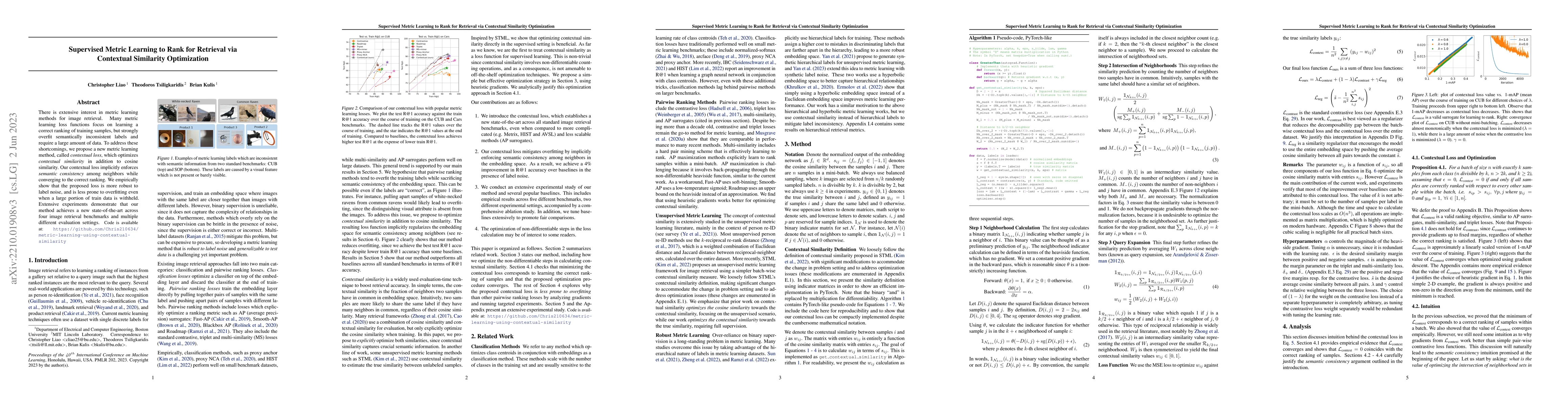 Thumbnail for Supervised Metric Learning to Rank for Retrieval via Contextual
  Similarity Optimization