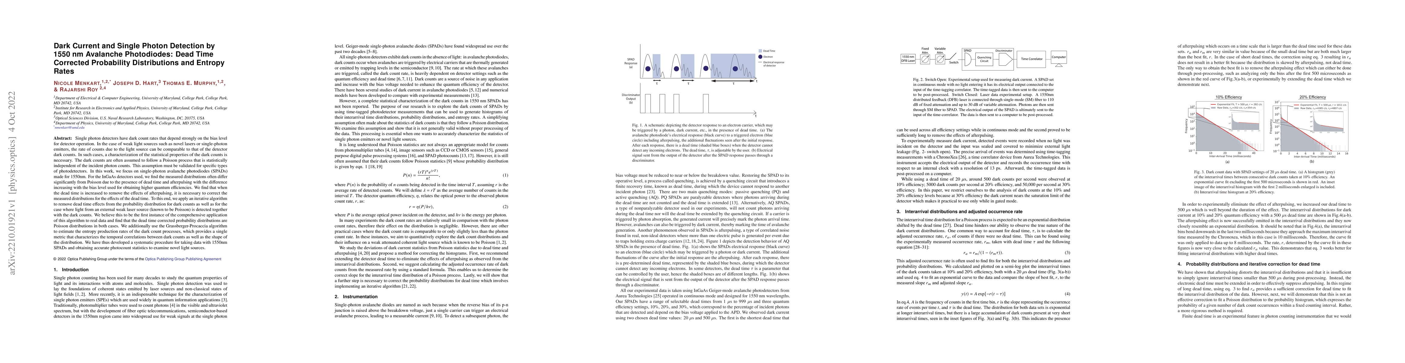 Thumbnail for Dark Current and Single Photon Detection by 1550nm Avalanche
  Photodiodes: Dead Time Corrected Probability Distributions and Entropy Rates