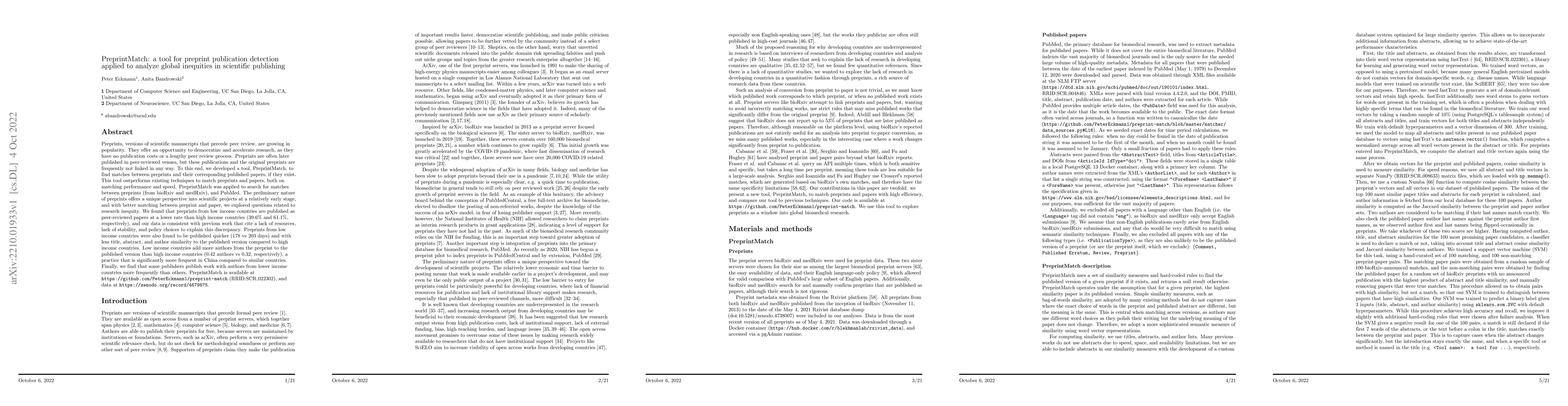 Thumbnail for PreprintMatch: a tool for preprint publication detection applied to
  analyze global inequities in scientific publishing