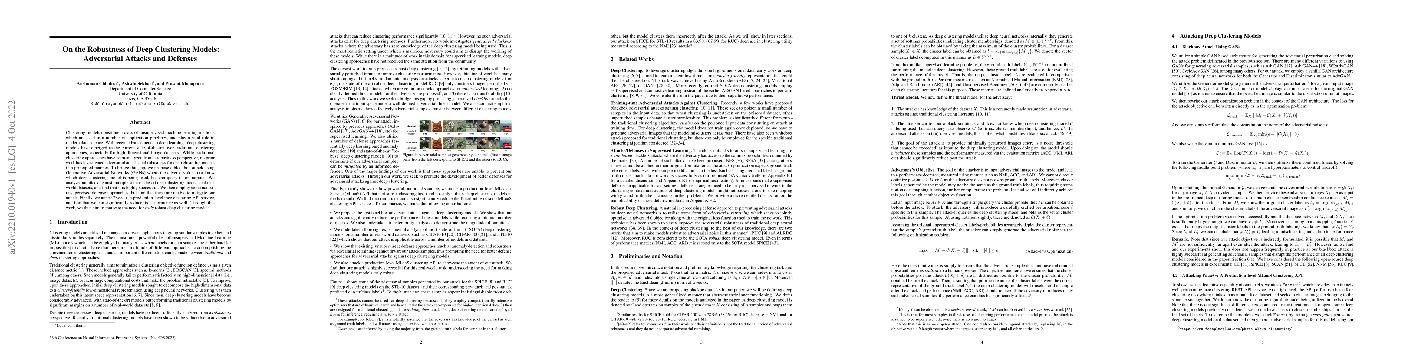 Thumbnail for On the Robustness of Deep Clustering Models: Adversarial Attacks and
  Defenses