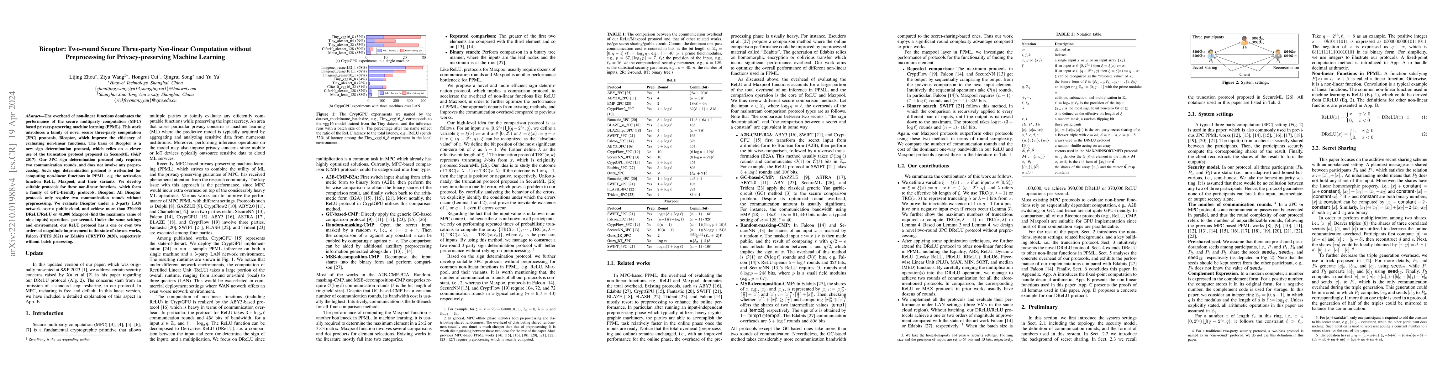 Thumbnail for Bicoptor: Two-round Secure Three-party Non-linear Computation without
  Preprocessing for Privacy-preserving Machine Learning