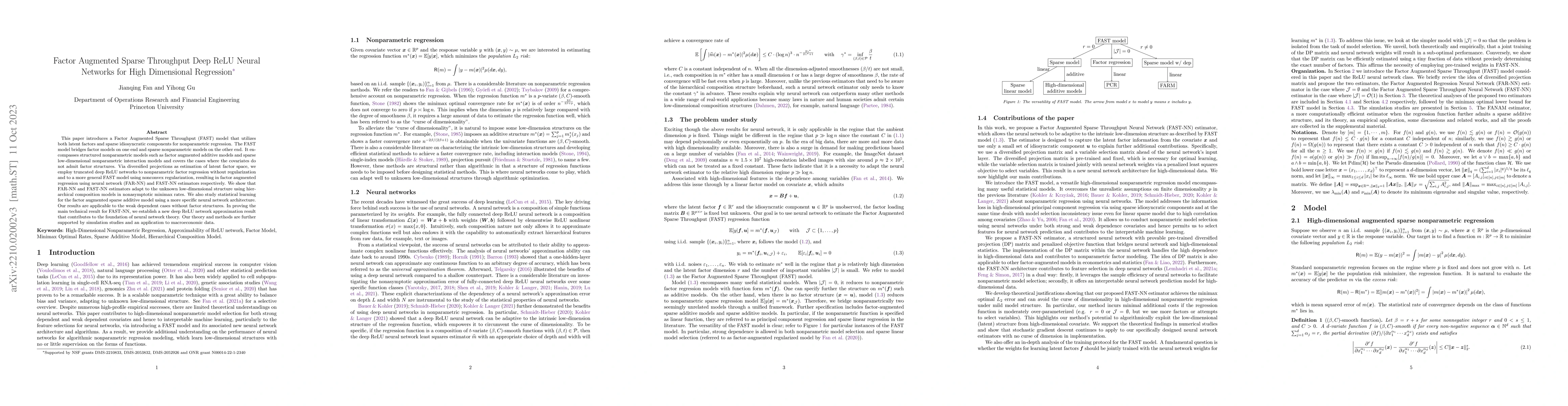 Thumbnail for Factor Augmented Sparse Throughput Deep ReLU Neural Networks for High
  Dimensional Regression