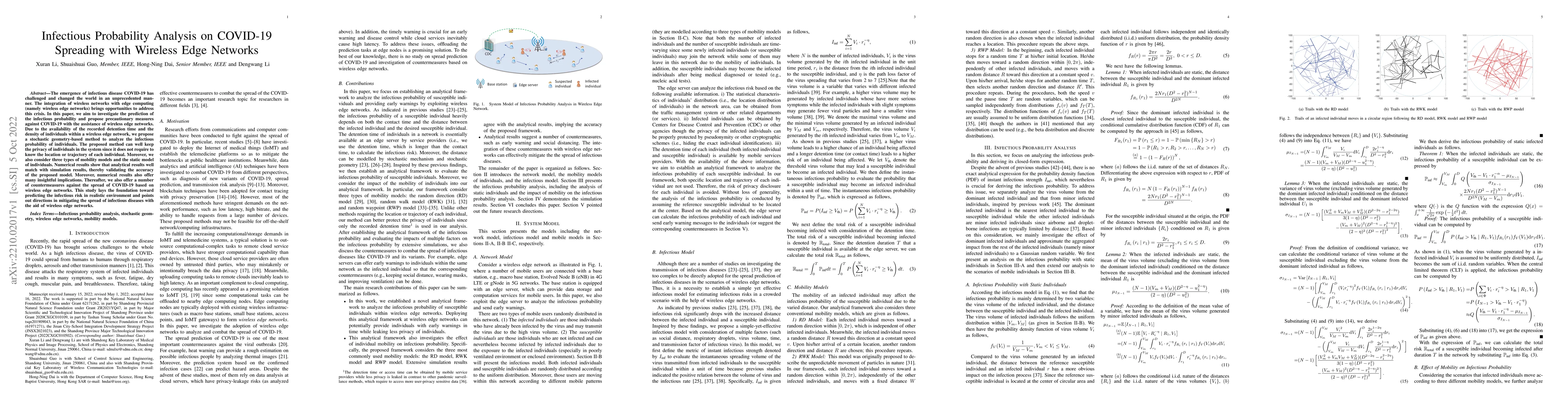 Thumbnail for Infectious Probability Analysis on COVID-19 Spreading with Wireless Edge
  Networks