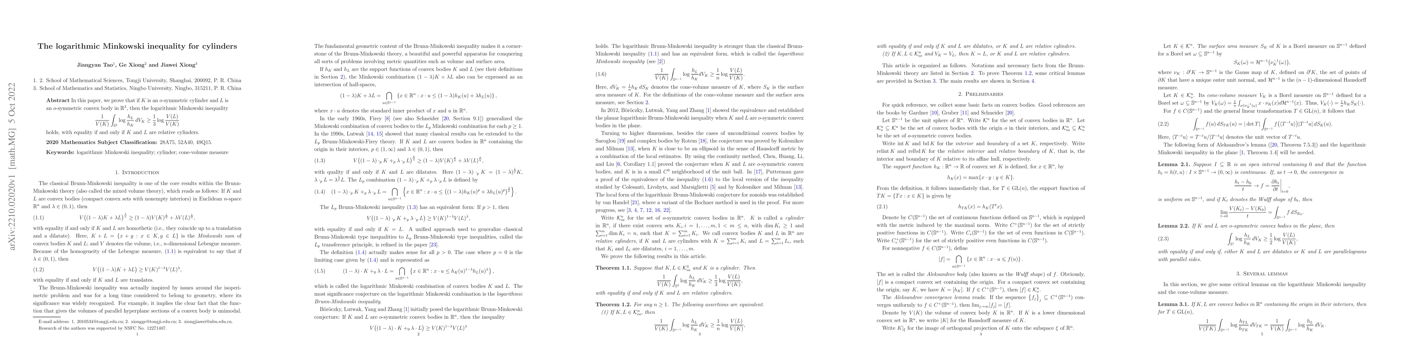 Thumbnail for The logarithmic Minkowski inequality for cylinders