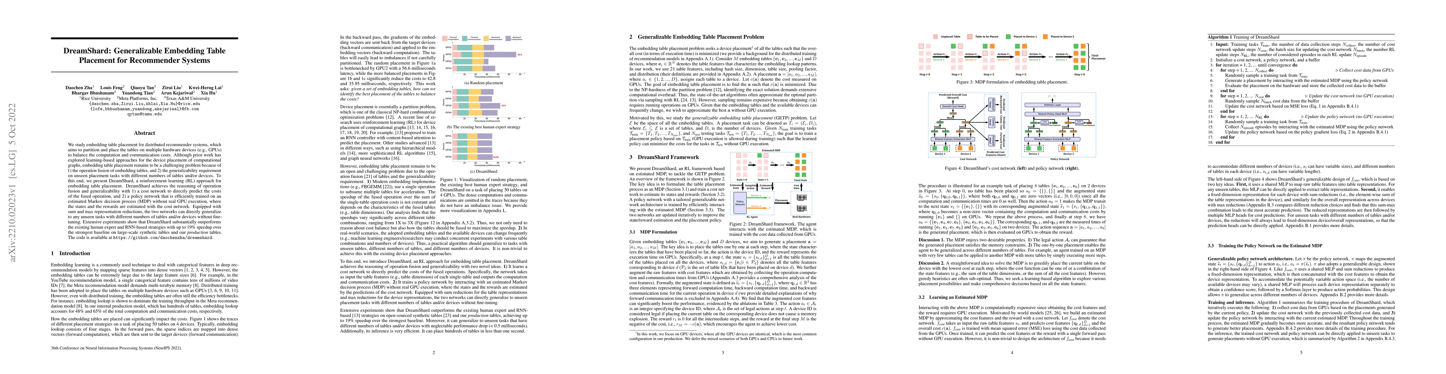 Thumbnail for DreamShard: Generalizable Embedding Table Placement for Recommender
  Systems
