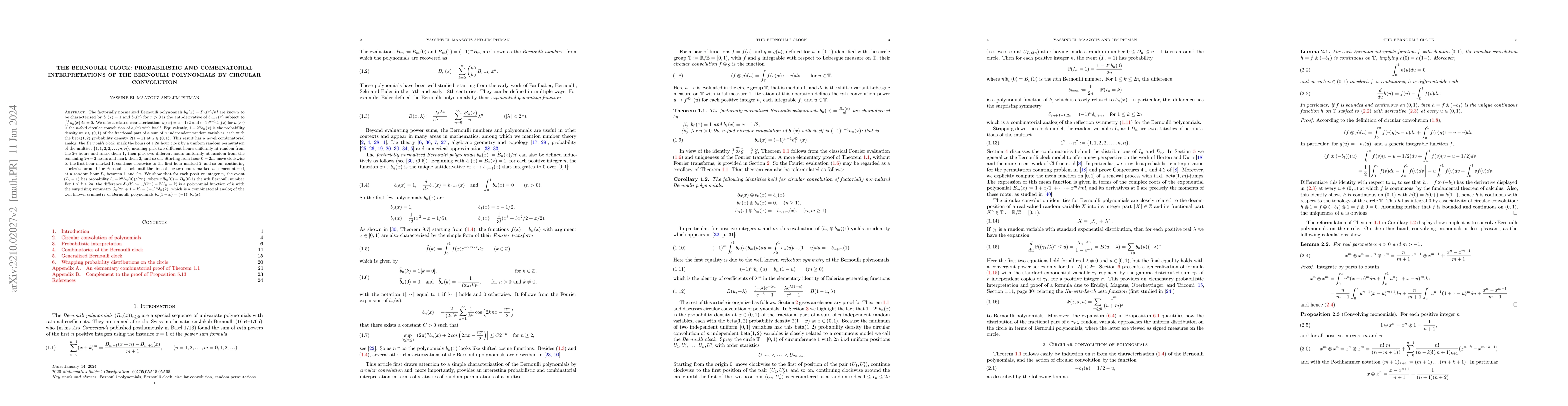 Thumbnail for The Bernoulli clock: probabilistic and combinatorial interpretations of
  the Bernoulli polynomials by circular convolution