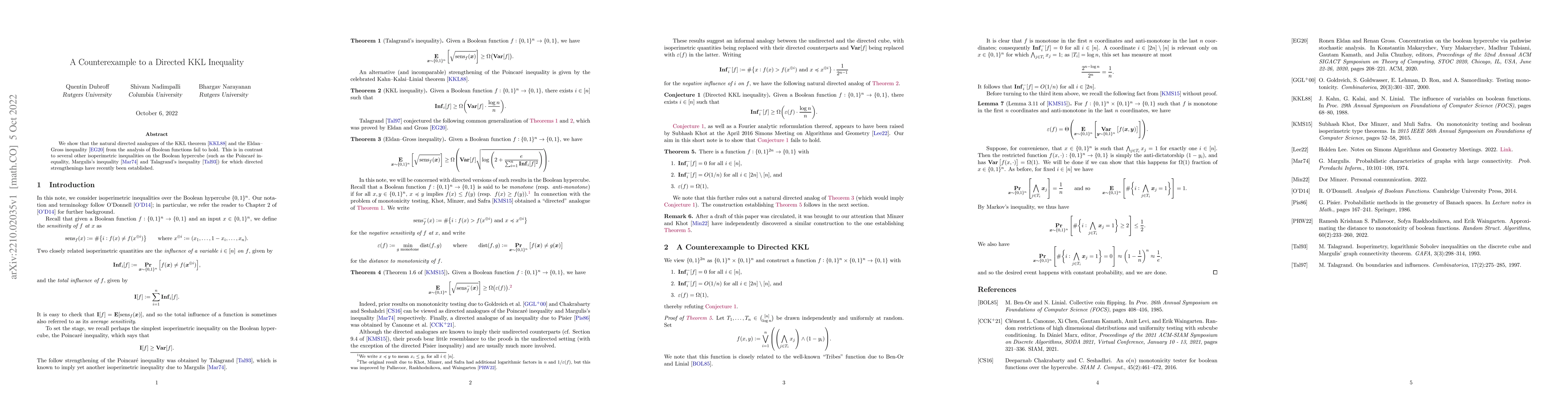 Thumbnail for A Counterexample to a Directed KKL Inequality