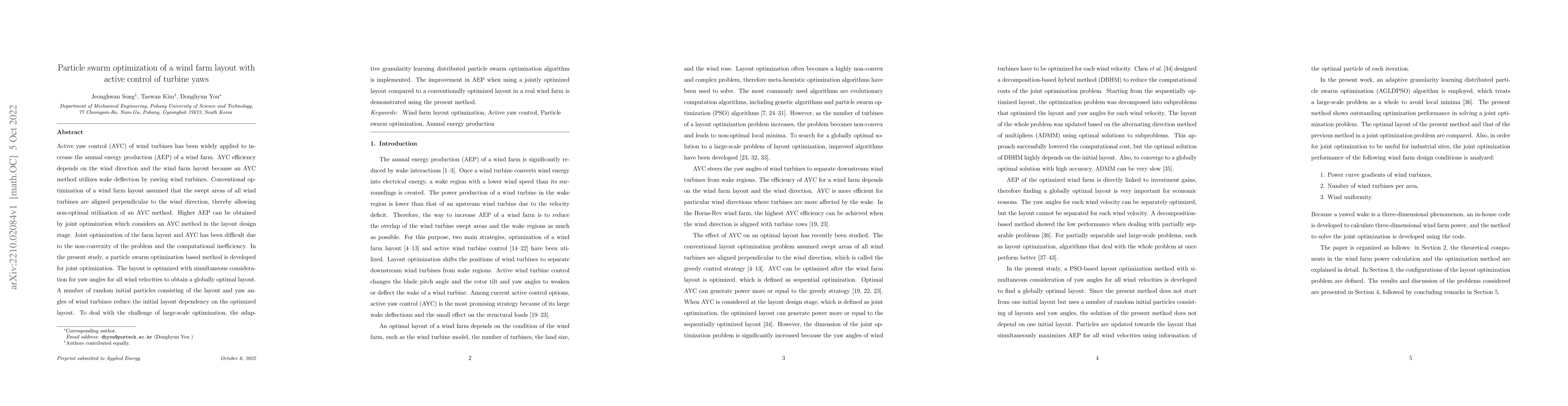 Thumbnail for Particle swarm optimization of a wind farm layout with active control of
  turbine yaws