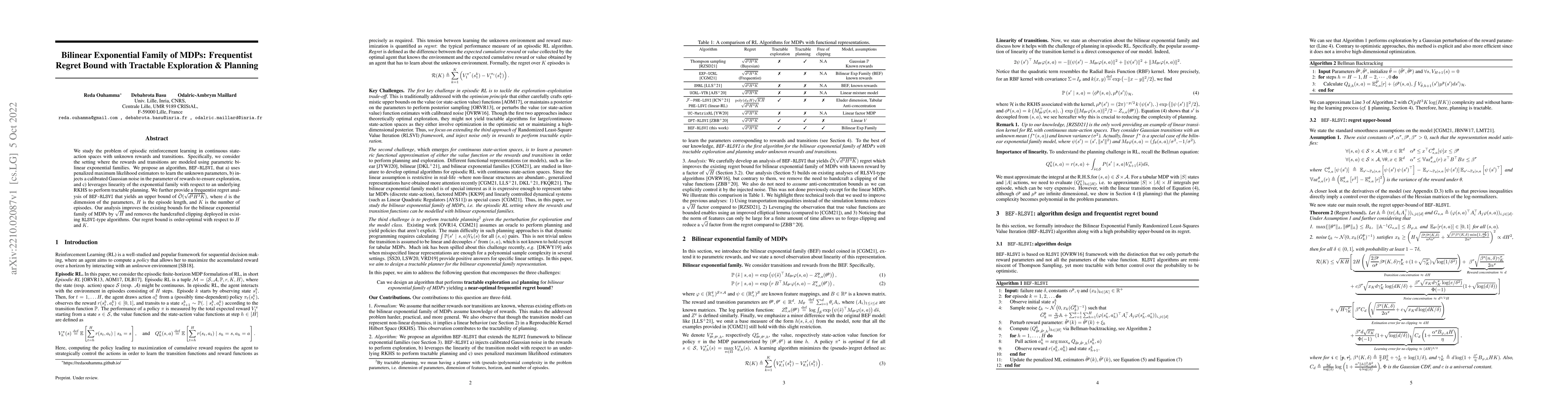 Thumbnail for Bilinear Exponential Family of MDPs: Frequentist Regret Bound with
  Tractable Exploration and Planning