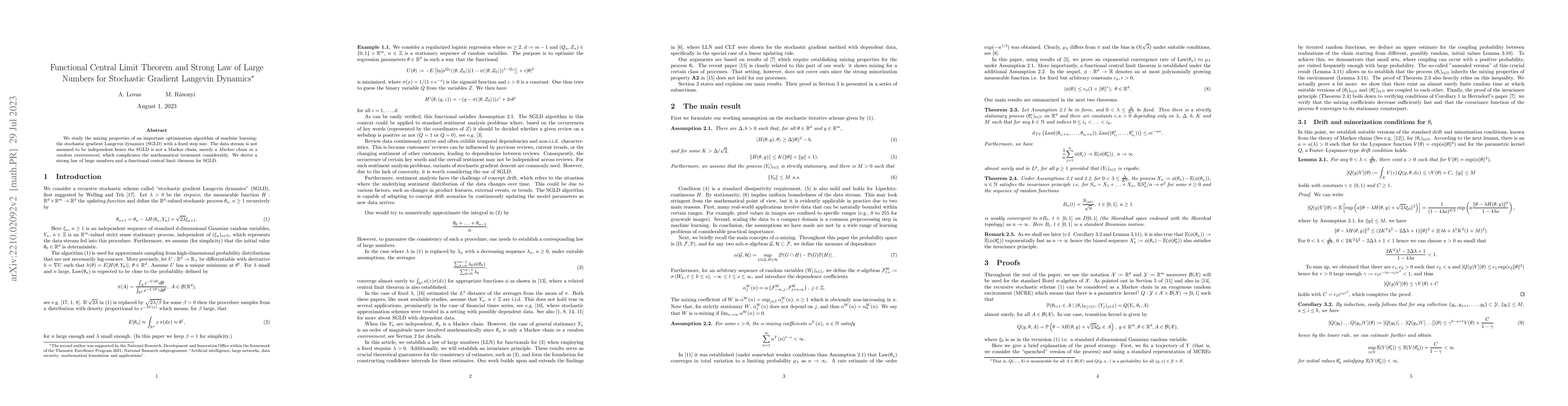 Thumbnail for Functional Central Limit Theorem and Strong Law of Large Numbers for
  Stochastic Gradient Langevin Dynamics