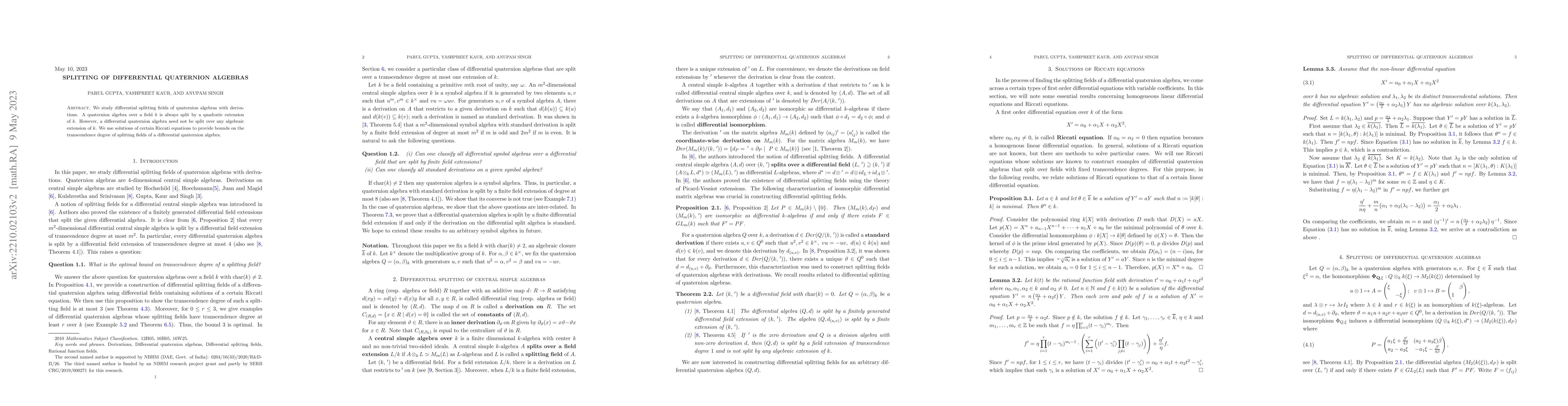 Thumbnail for Splitting of differential quaternion algebras