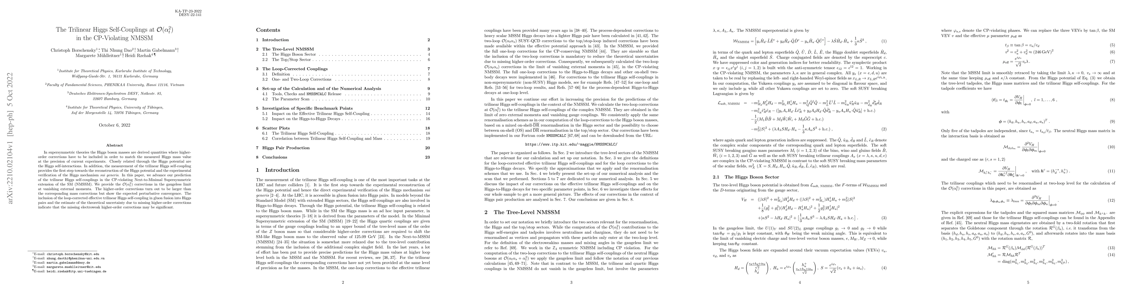 Thumbnail for The Trilinear Higgs Self-Couplings at ${\cal O}(\alpha_t^2)$ in the
  CP-Violating NMSSM
