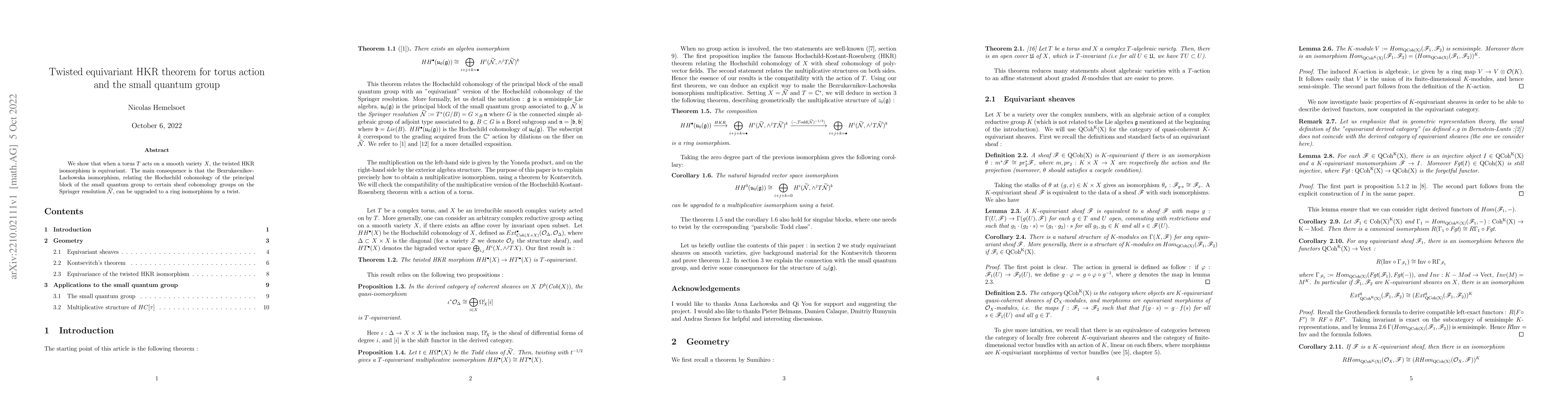 Thumbnail for Twisted equivariant HKR theorem for torus action and the small quantum
  group