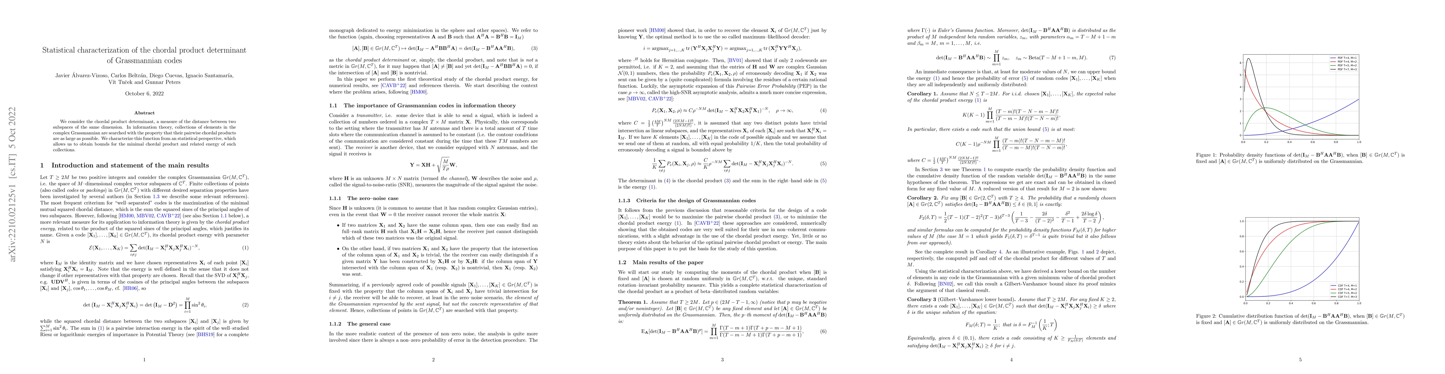 Thumbnail for Statistical characterization of the chordal product determinant of
  Grassmannian codes