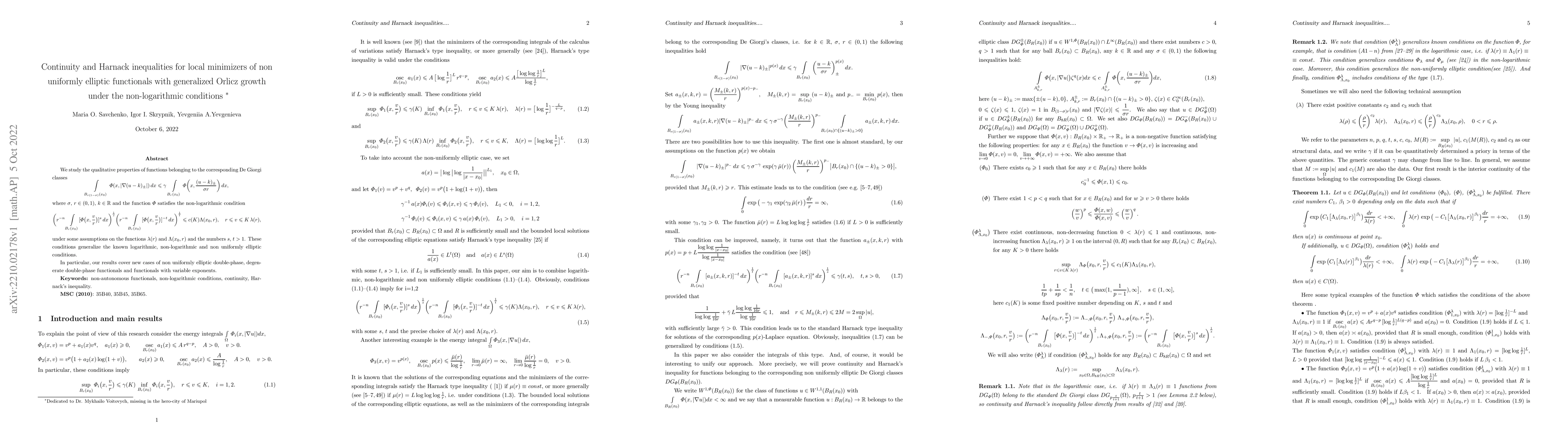 Thumbnail for Continuity and Harnack inequalities for local minimizers of non
  uniformly elliptic functionals with generalized Orlicz growth under the
  non-logarithmic conditions