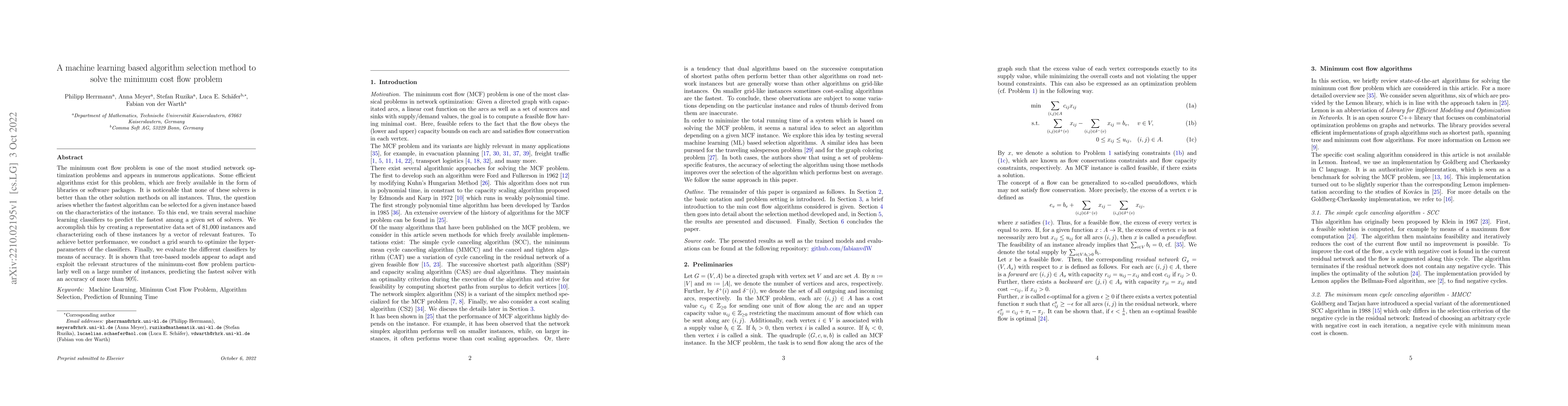 Thumbnail for A machine learning based algorithm selection method to solve the minimum
  cost flow problem