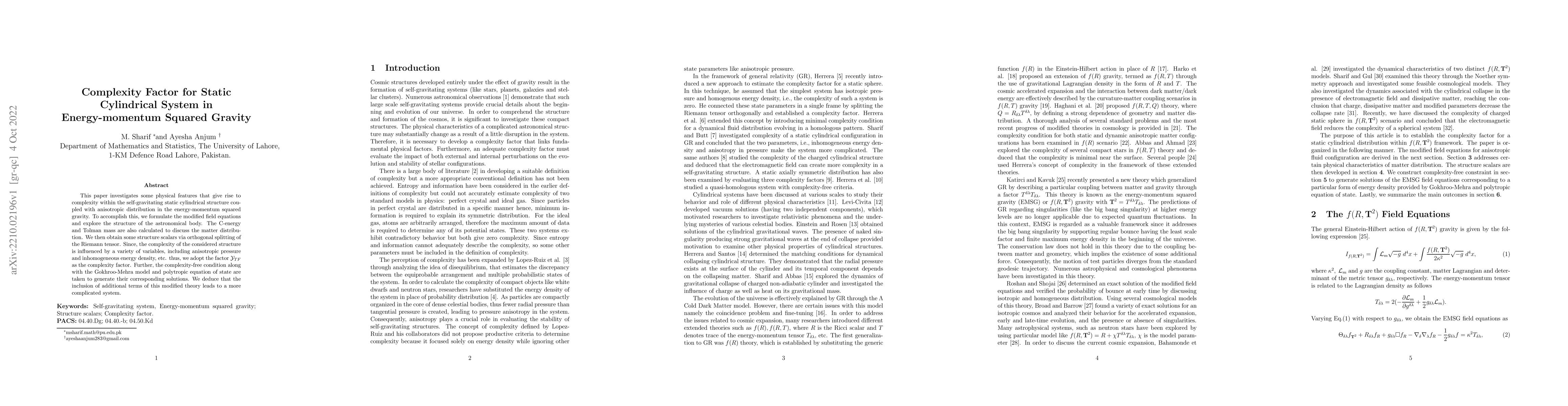 Thumbnail for Complexity Factor for Static Cylindrical System in Energy-momentum
  Squared Gravity