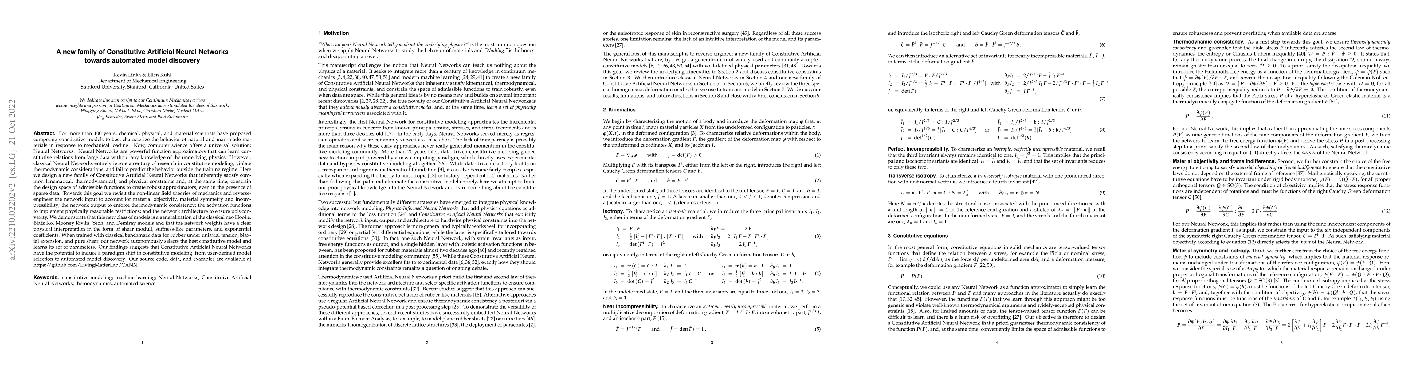 Thumbnail for A new family of Constitutive Artificial Neural Networks towards
  automated model discovery