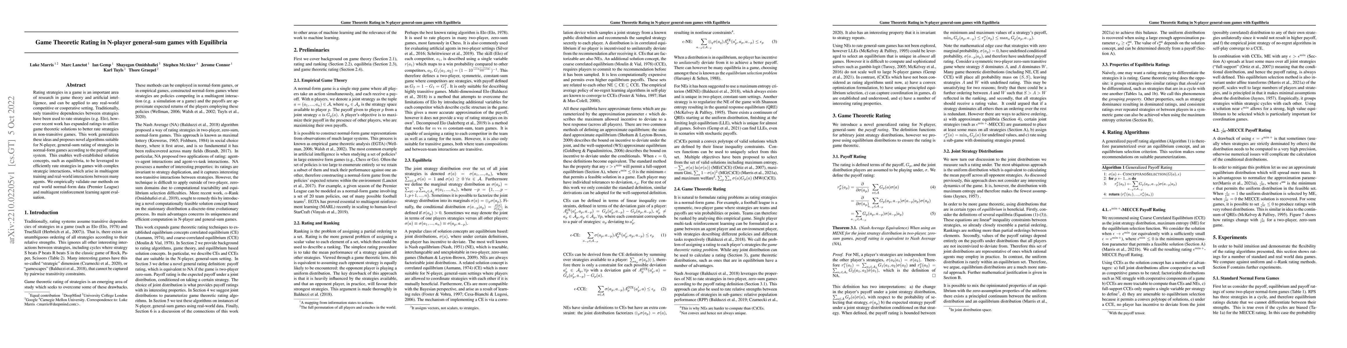 Thumbnail for Game Theoretic Rating in N-player general-sum games with Equilibria