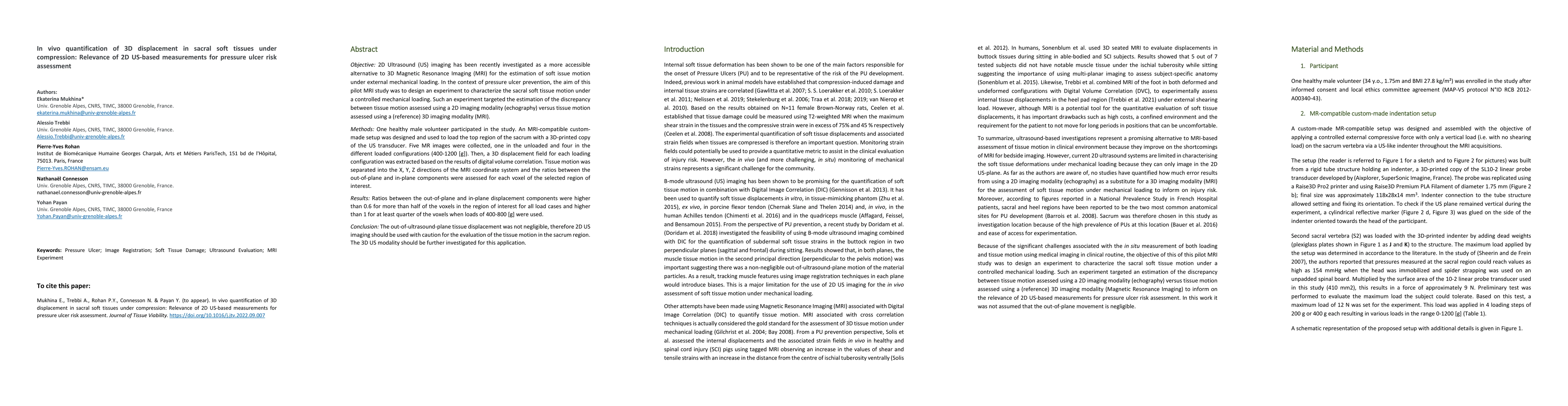 Thumbnail for In vivo quantification of 3D displacement in sacral soft tissues under
  compression: Relevance of 2D US-based measurements for pressure ulcer risk
  assessment