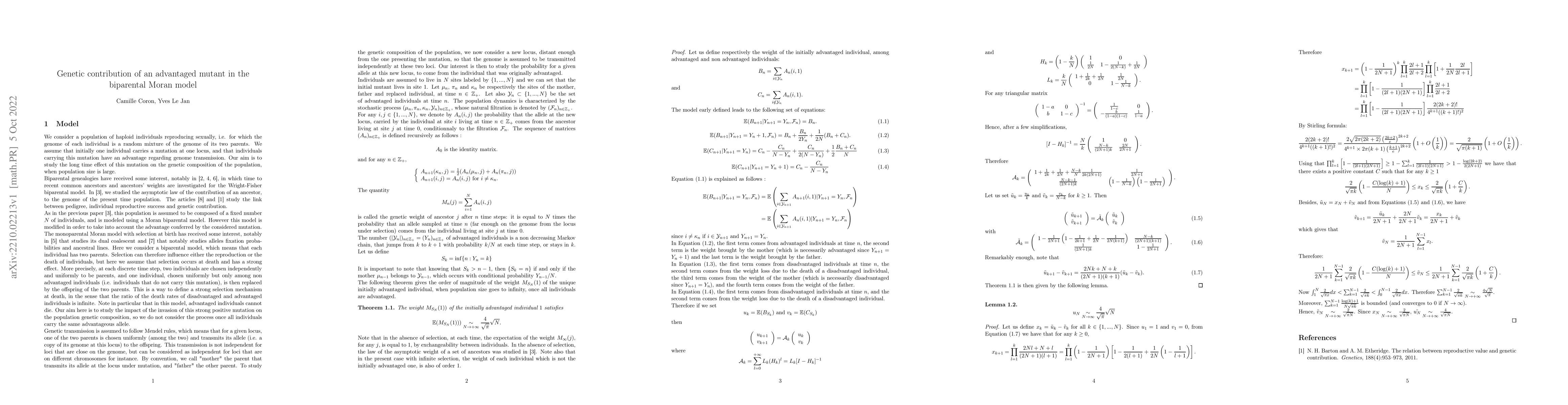 Thumbnail for Genetic contribution of an advantaged mutant in the biparental Moran
  model