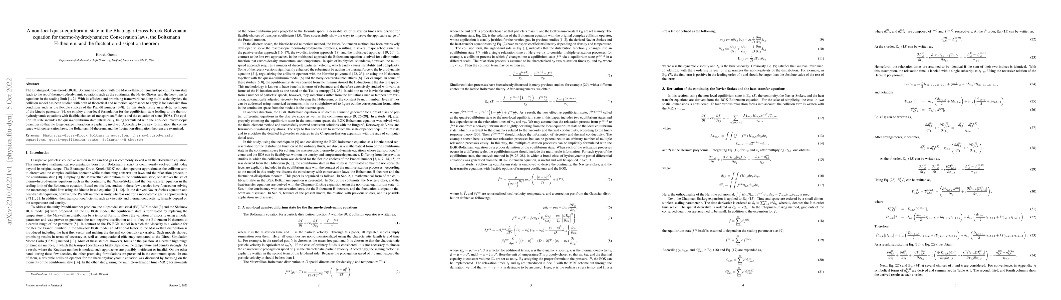 Thumbnail for A non-local quasi-equilibrium state in the Bhatnagar-Gross-Krook
  Boltzmann equation for thermo-hydrodynamics: Conservation laws, the Boltzmann
  H-theorem, and the fluctuation-dissipation theorem