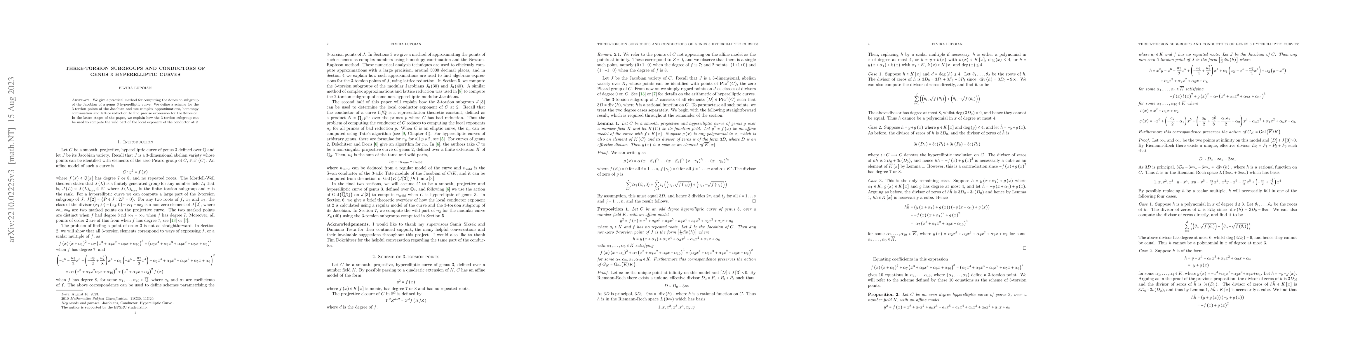 Thumbnail for Three-Torsion Subgroups and Conductors of Genus 3 Hyperelliptic Curves