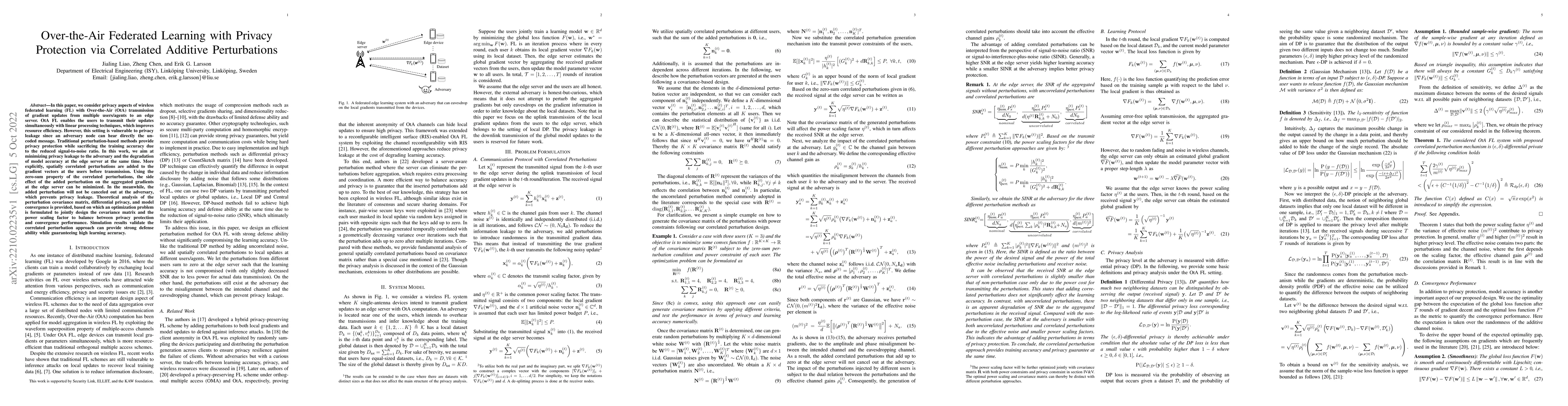 Thumbnail for Over-the-Air Federated Learning with Privacy Protection via Correlated
  Additive Perturbations