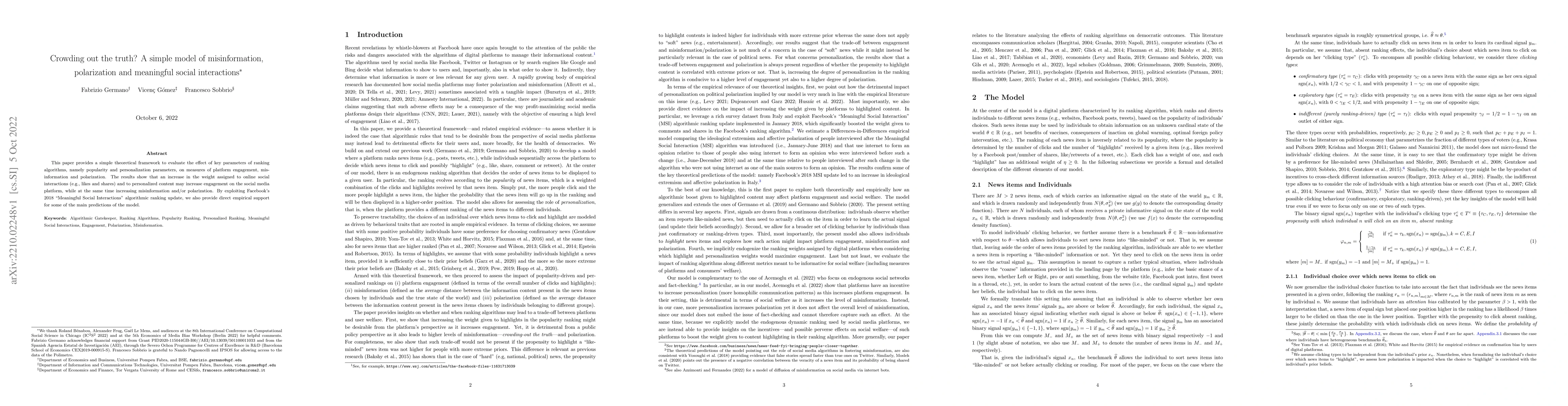 Thumbnail for Crowding out the truth? A simple model of misinformation, polarization
  and meaningful social interactions