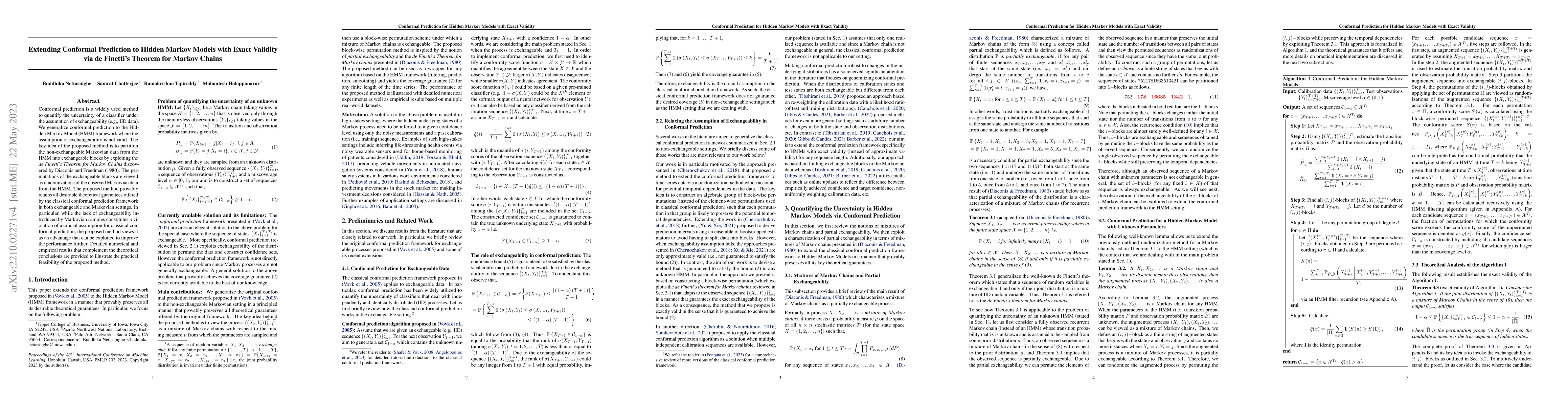 Thumbnail for Extending Conformal Prediction to Hidden Markov Models with Exact
  Validity via de Finetti's Theorem for Markov Chains