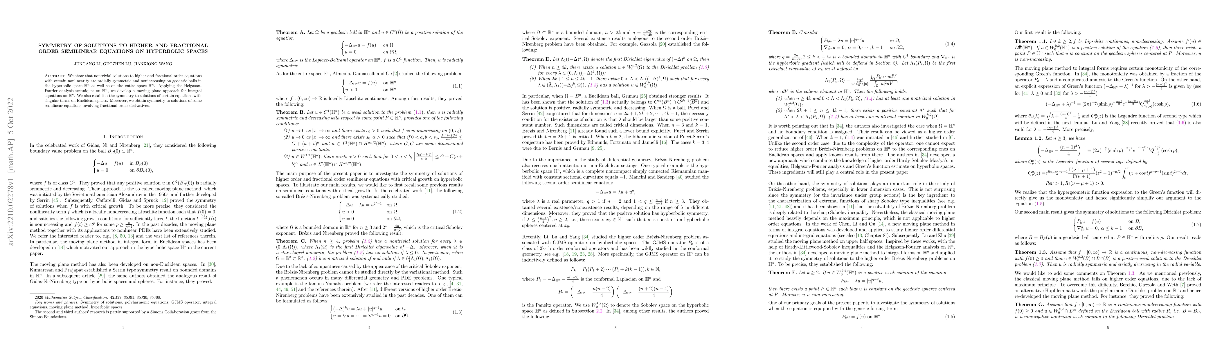 Thumbnail for Symmetry of solutions to higher and fractional order semilinear
  equations on hyperbolic spaces