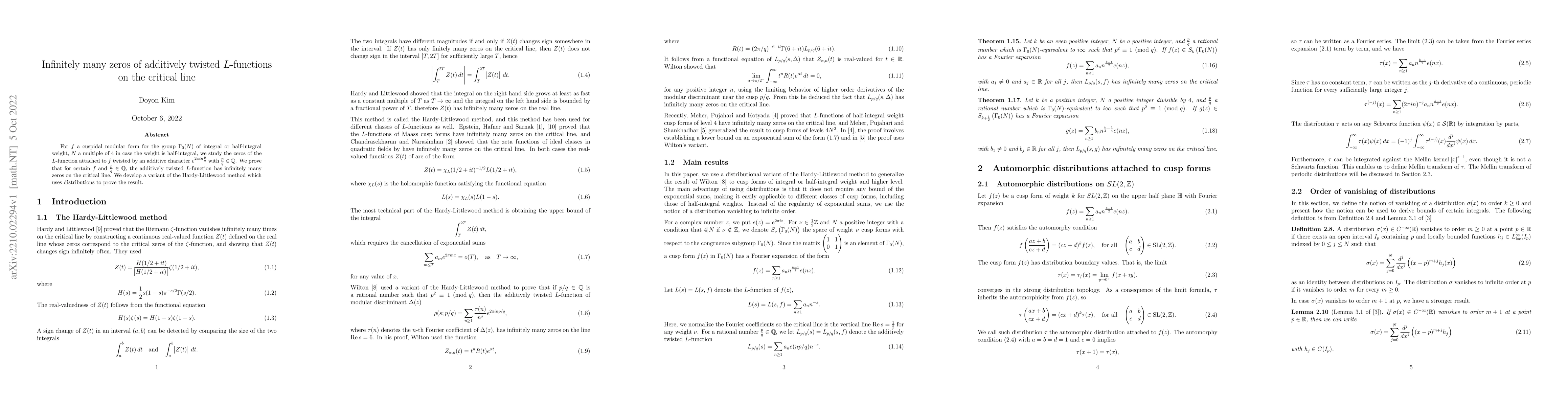 Thumbnail for Infinitely many zeros of additively twisted $L$-functions on the
  critical line