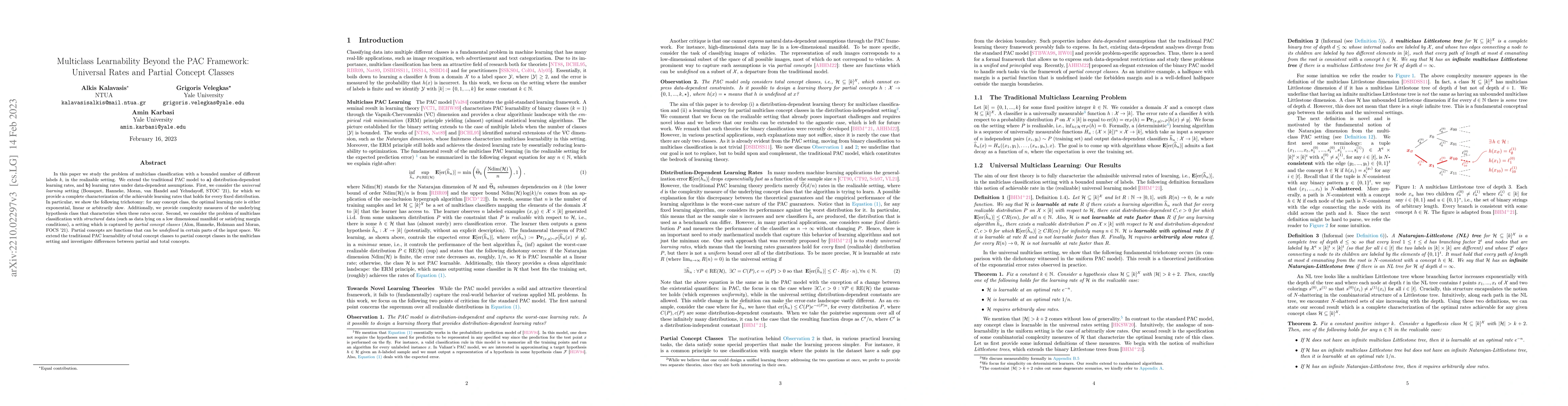Thumbnail for Multiclass Learnability Beyond the PAC Framework: Universal Rates and
  Partial Concept Classes
