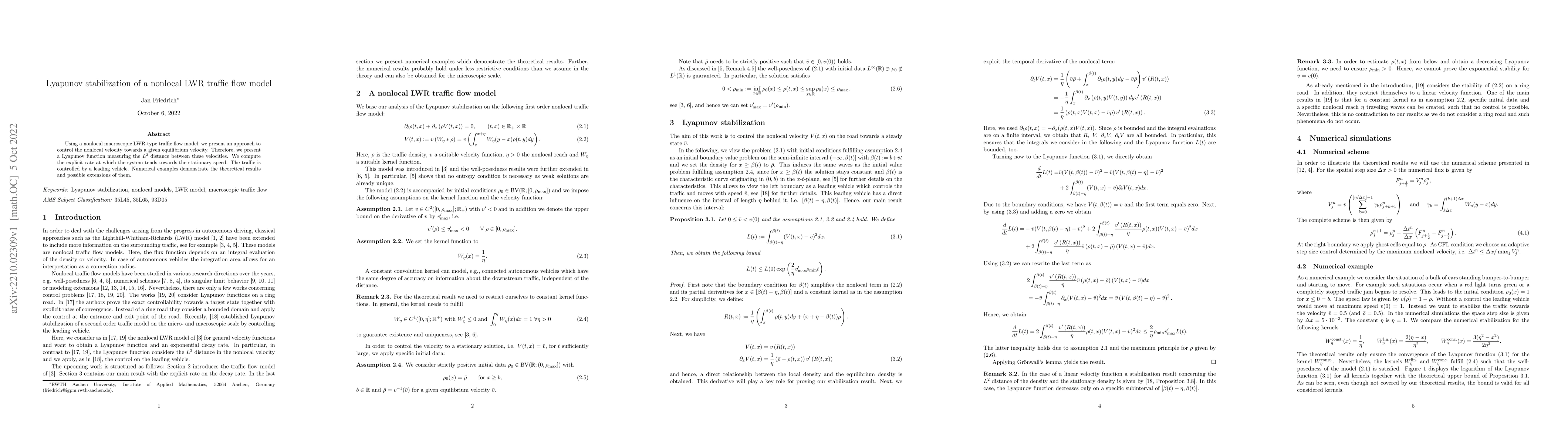 Thumbnail for Lyapunov stabilization of a nonlocal LWR traffic flow model