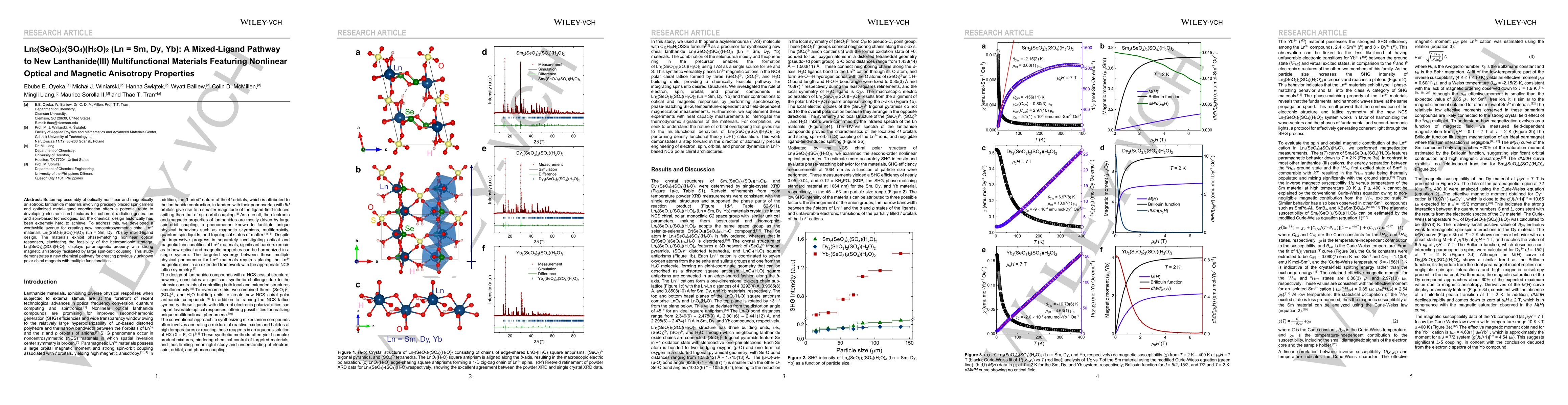 Thumbnail for Ln2(SeO3)2(SO4)(H2O)2 (Ln = Sm, Dy, Yb): A Mixed-Ligand Pathway to New
  Lathanide (III) Multifunctional Materials Featuring Nonlinear Optical and
  Magnetic Anisotropy Properties