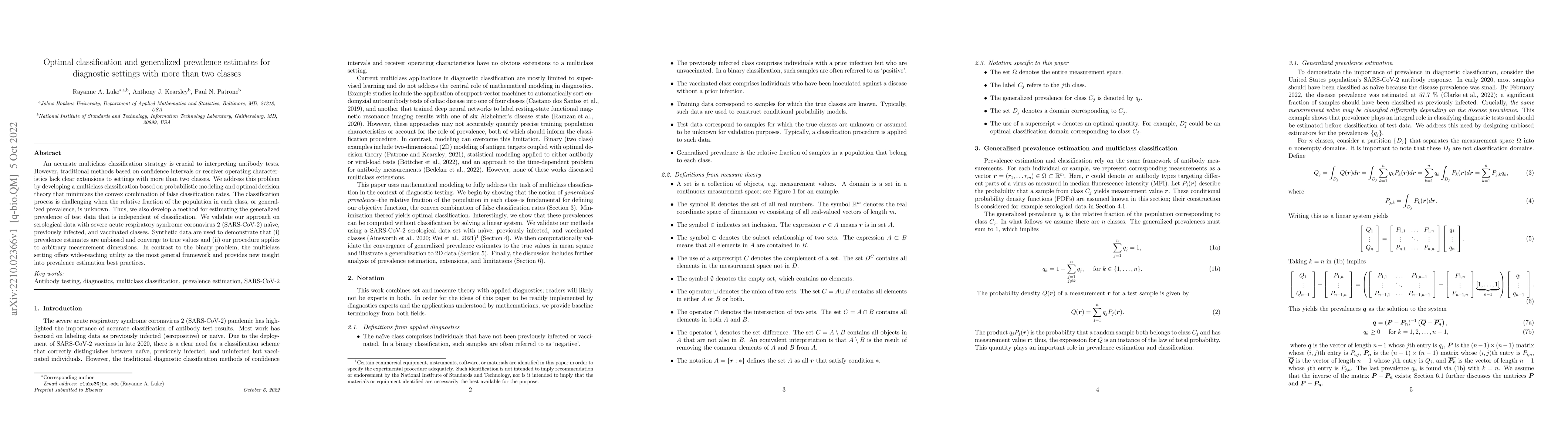 Thumbnail for Optimal classification and generalized prevalence estimates for
  diagnostic settings with more than two classes