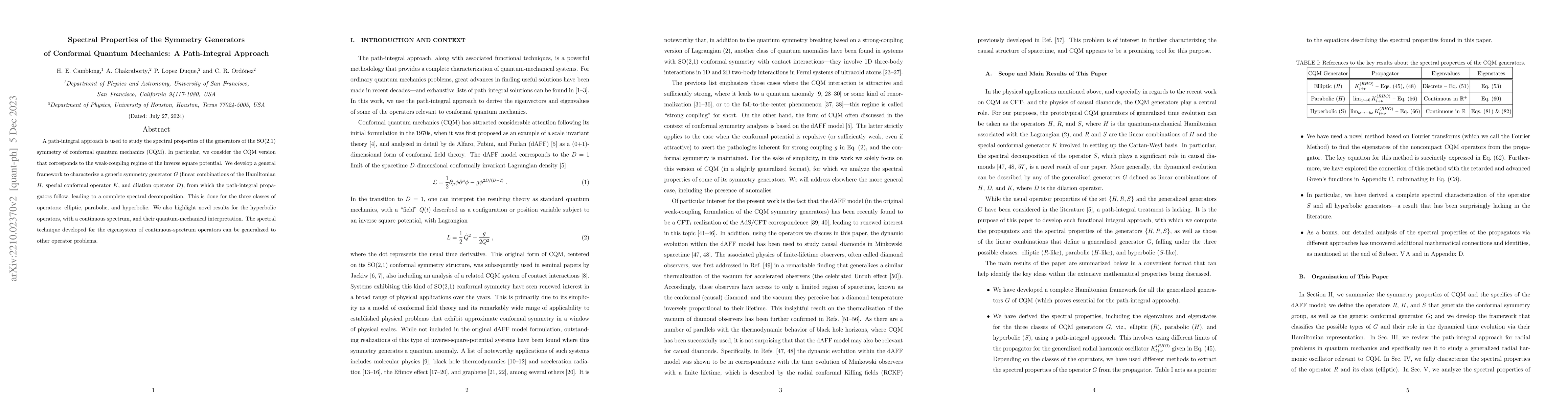 Thumbnail for Spectral Properties of the Symmetry Generators of Conformal Quantum
  Mechanics: A Path-Integral Approach
