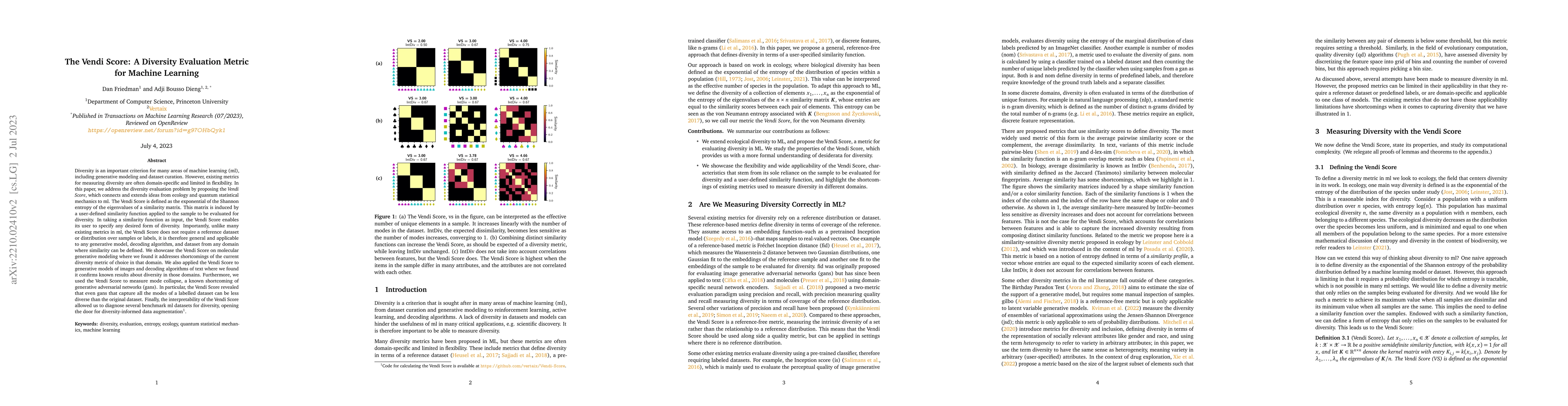 Thumbnail for The Vendi Score: A Diversity Evaluation Metric for Machine Learning