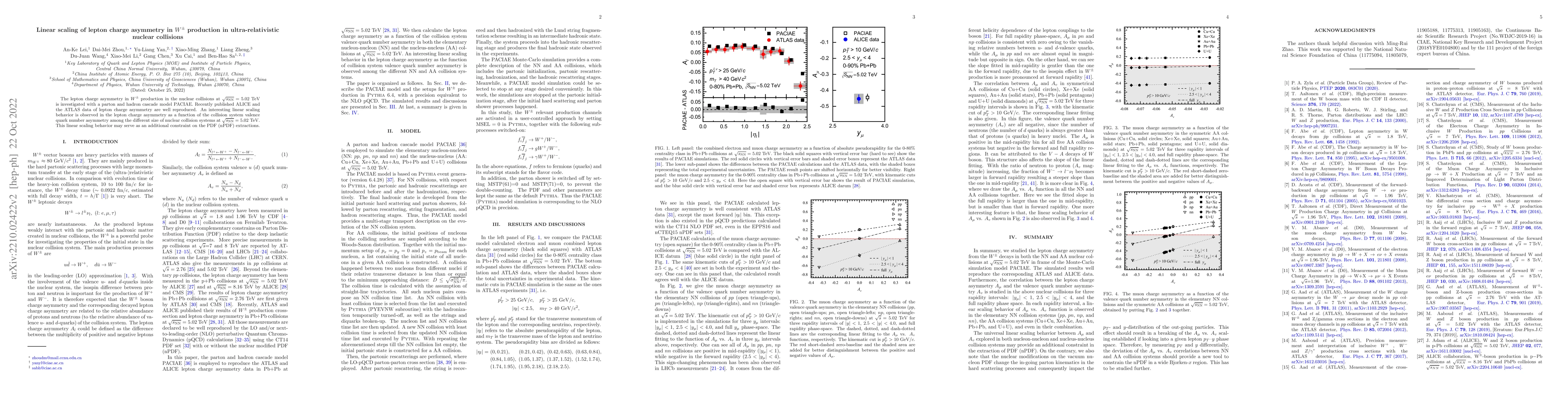 Thumbnail for Linear scaling of lepton charge asymmetry in $W^\pm$ production in
  ultra-relativistic nuclear collisions