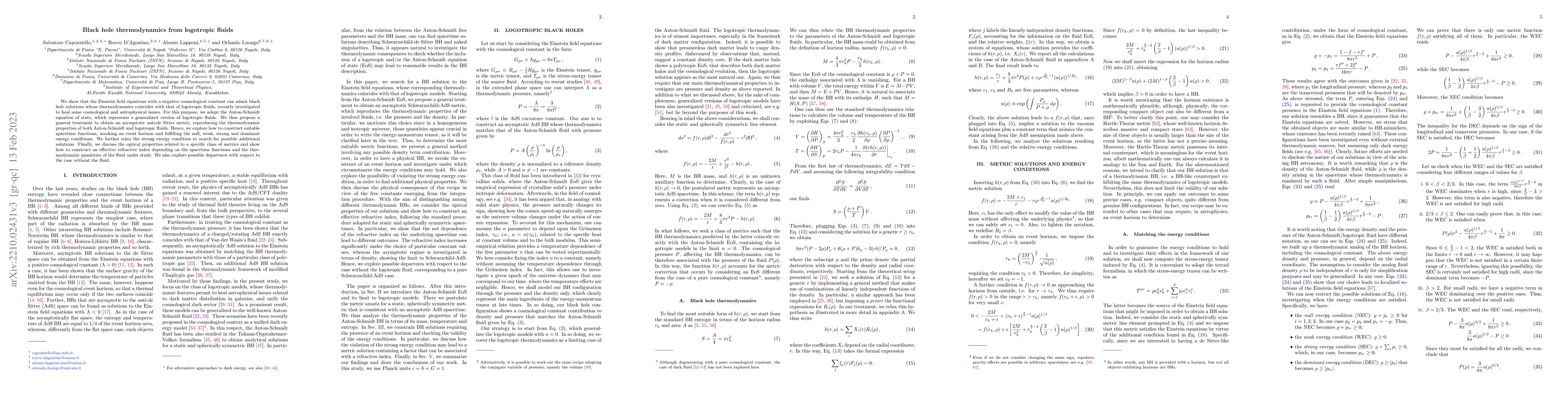 Thumbnail for Black hole thermodynamics from logotropic fluids