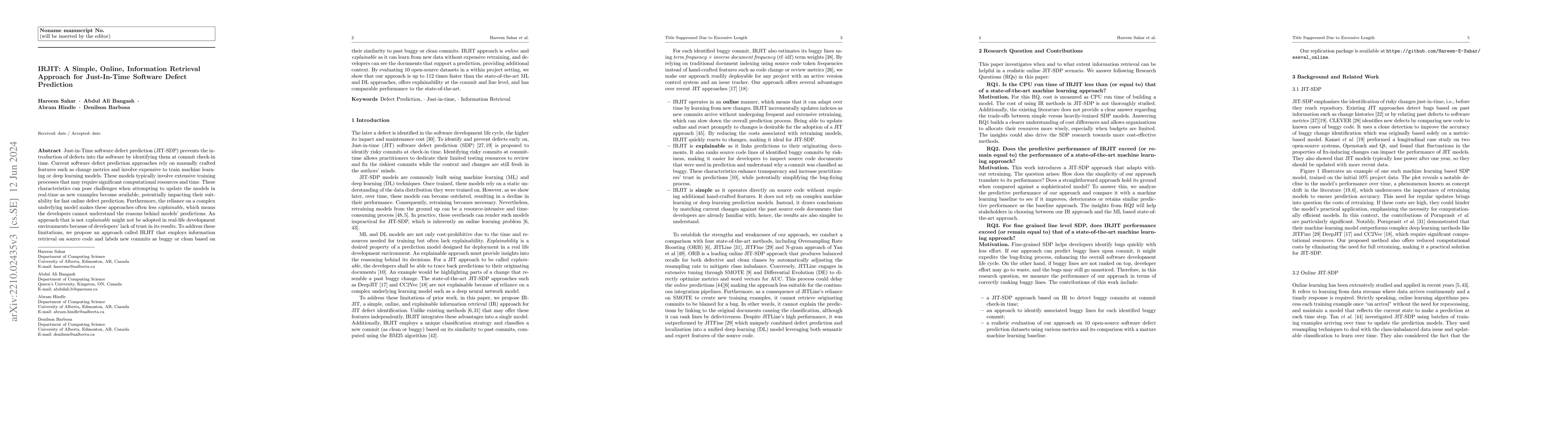 Thumbnail for IRJIT: A Simple, Online, Information Retrieval Approach for Just-In-Time
  Software Defect Prediction