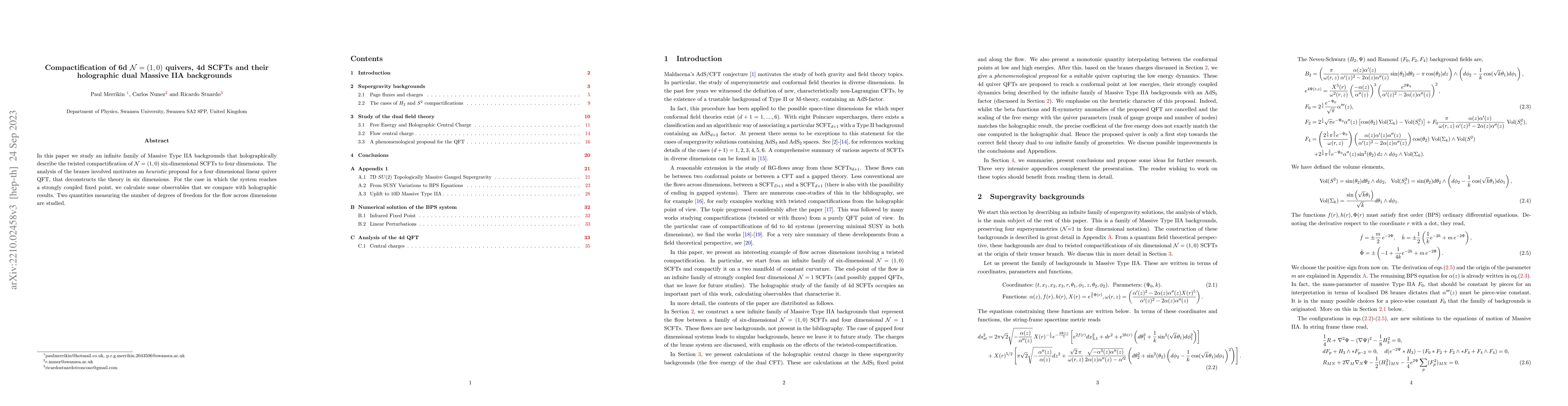Thumbnail for Compactification of 6d ${\cal N}=(1,0)$ quivers, 4d SCFTs and their
  holographic dual Massive IIA backgrounds