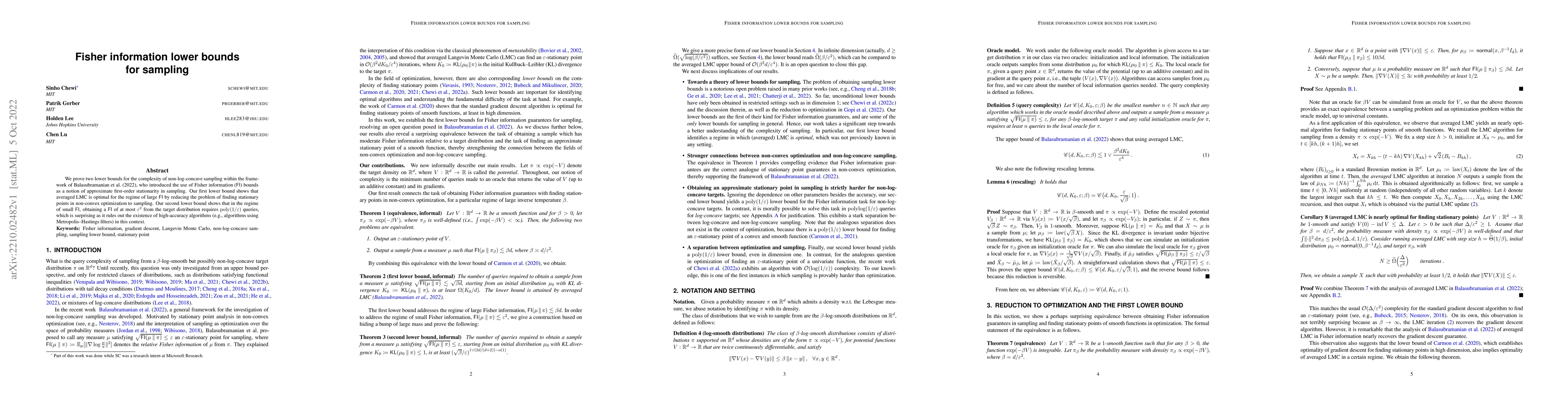 Thumbnail for Fisher information lower bounds for sampling