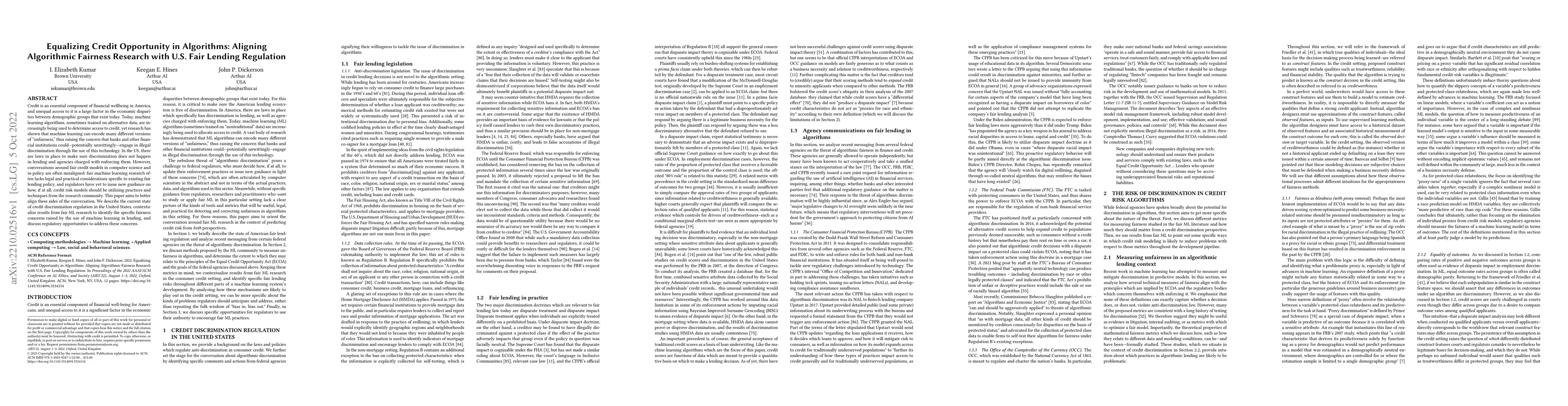 Thumbnail for Equalizing Credit Opportunity in Algorithms: Aligning Algorithmic
  Fairness Research with U.S. Fair Lending Regulation