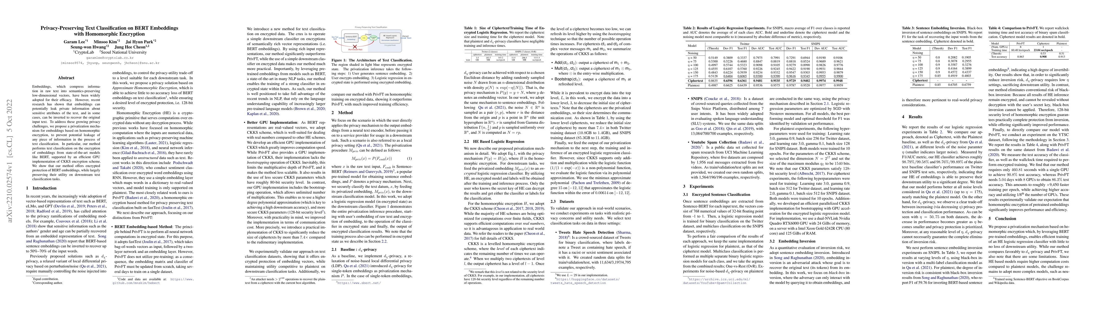 Thumbnail for Privacy-Preserving Text Classification on BERT Embeddings with
  Homomorphic Encryption