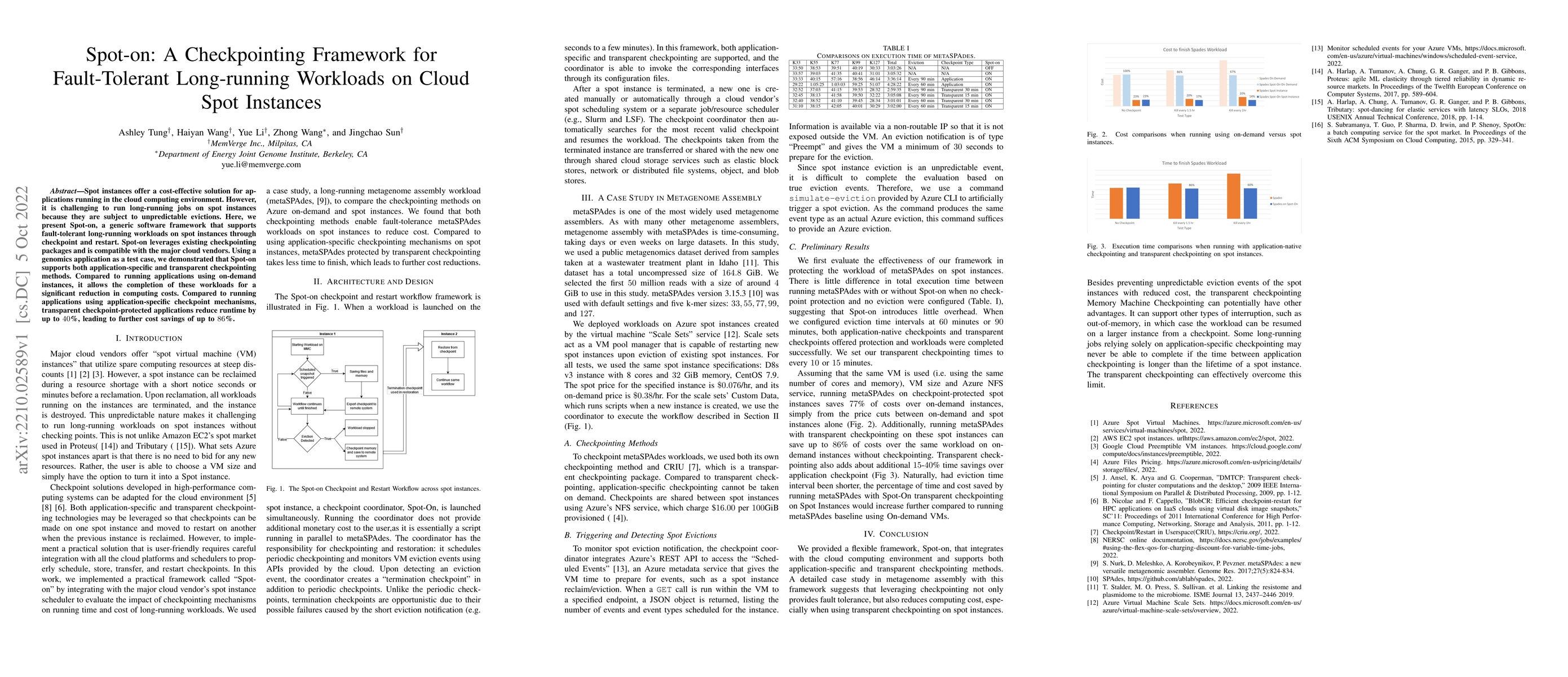 Thumbnail for Spot-on: A Checkpointing Framework for Fault-Tolerant Long-running
  Workloads on Cloud Spot Instances